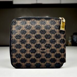 Celine Authentic Black & Gold Monogram Zip Around Wallet w/snap coin slot VGUC